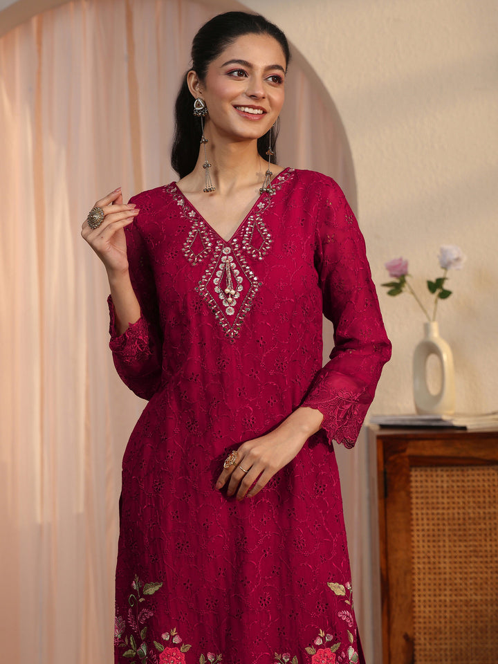 Libas Red Floral Embroidered Organza Straight Suit Set