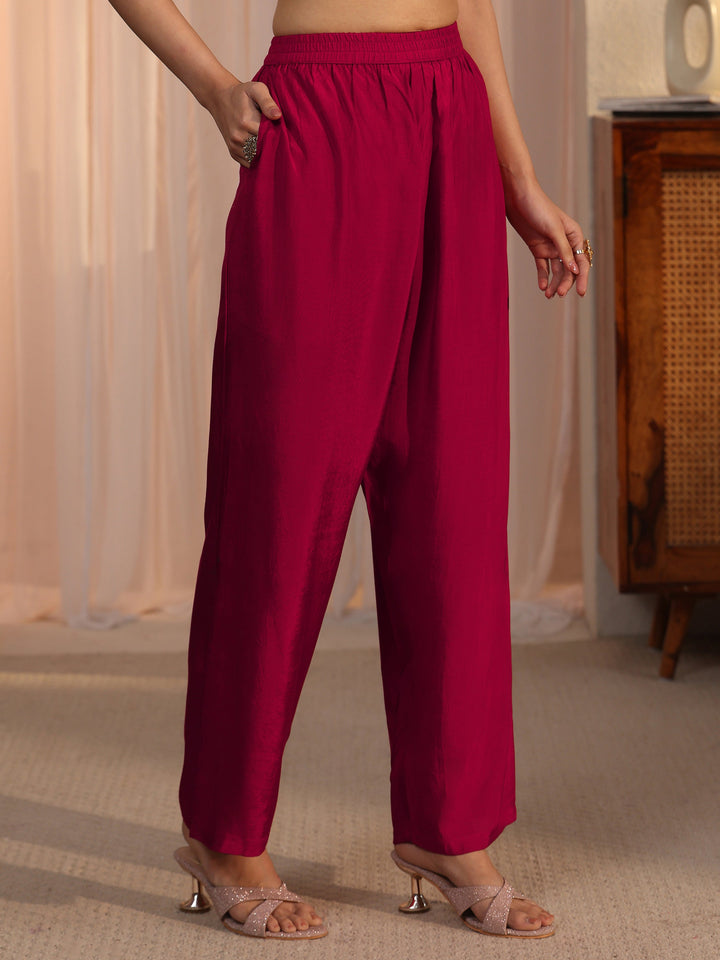 Libas Red Floral Embroidered Organza Straight Suit Set