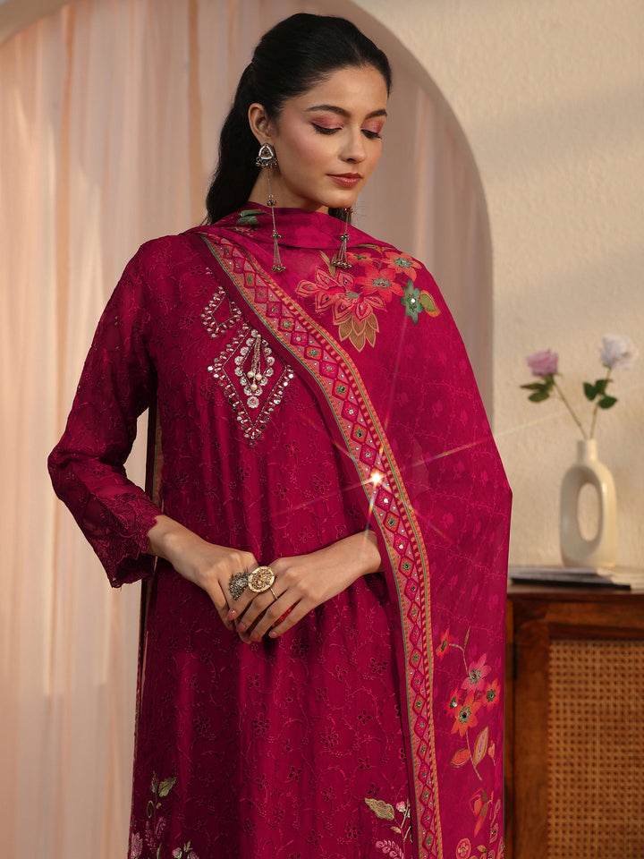 Libas Red Floral Embroidered Organza Straight Suit Set
