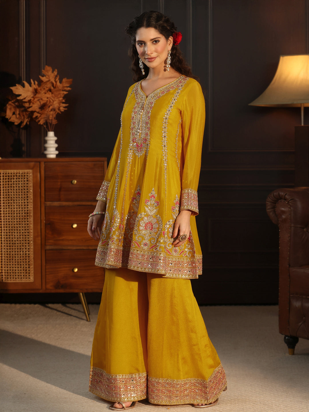 Libas Yellow Floral Embellished Chinon Palazzo Suit Set