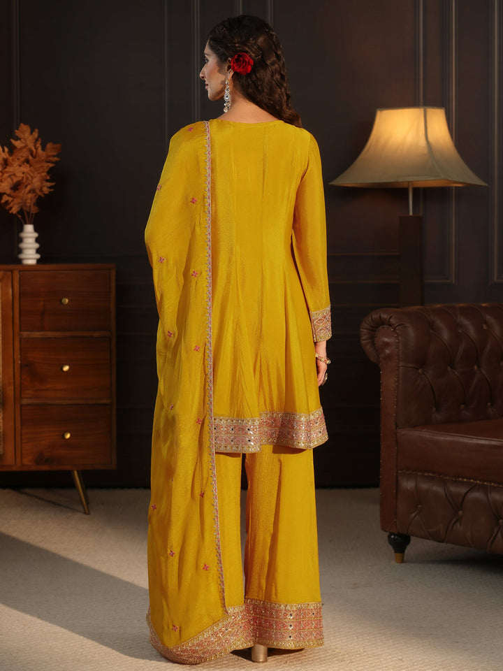 Libas Yellow Floral Embellished Chinon Palazzo Suit Set