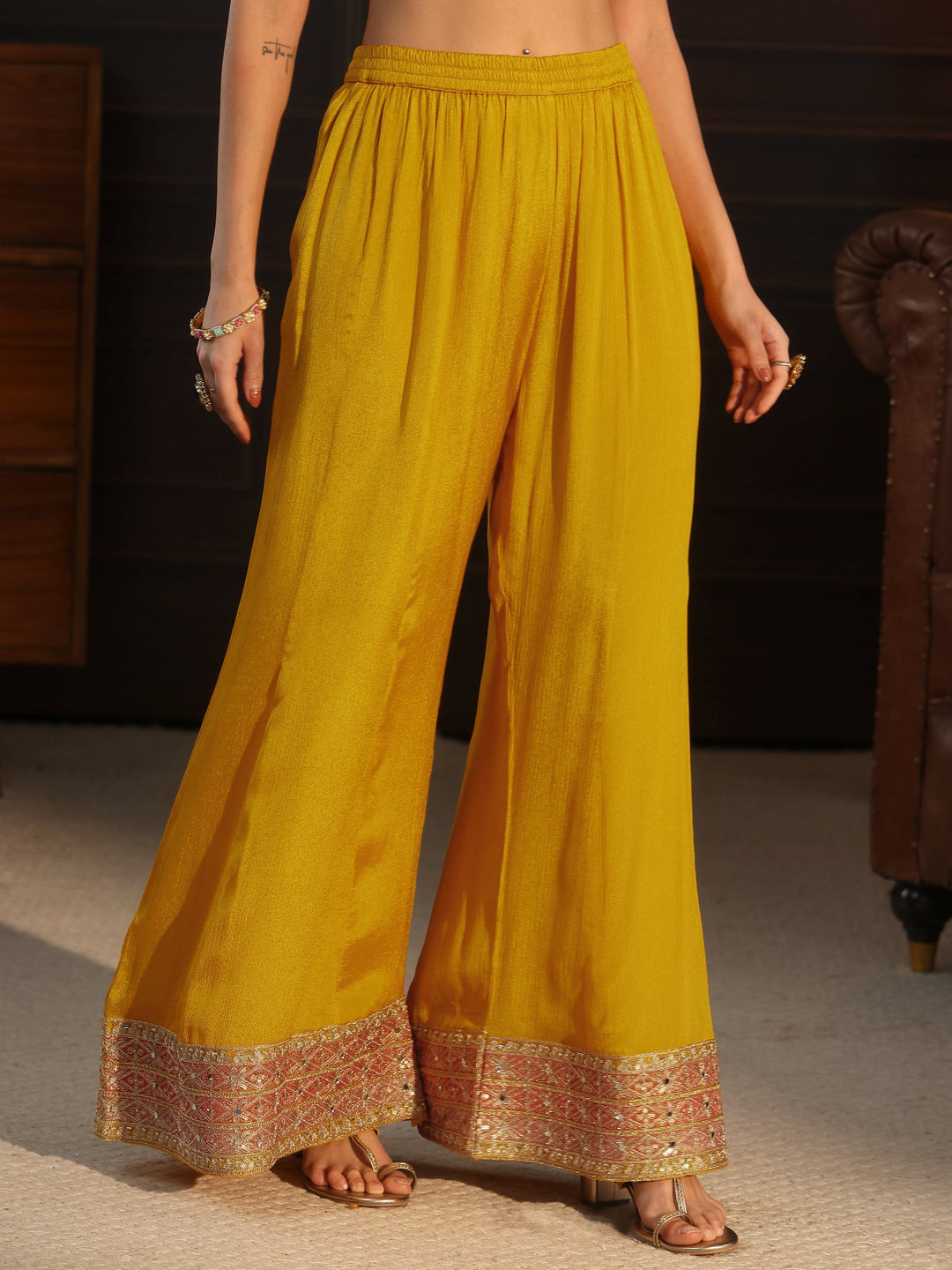 Libas Yellow Floral Embellished Chinon Palazzo Suit Set
