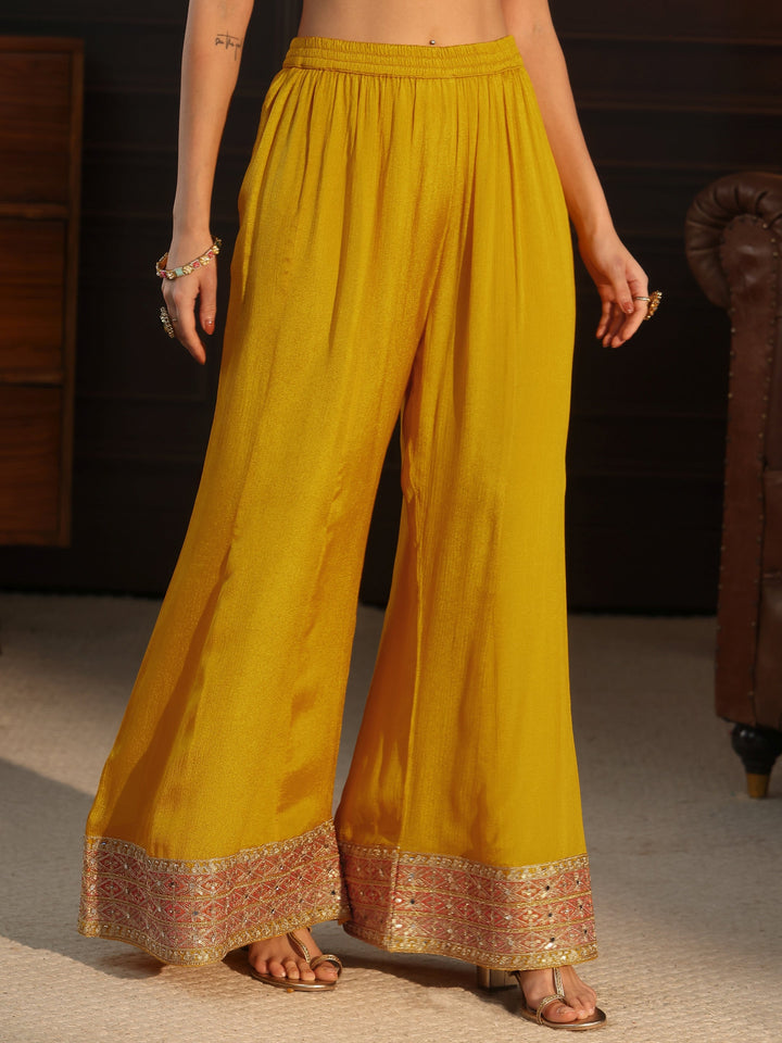 Libas Yellow Floral Embellished Chinon Palazzo Suit Set