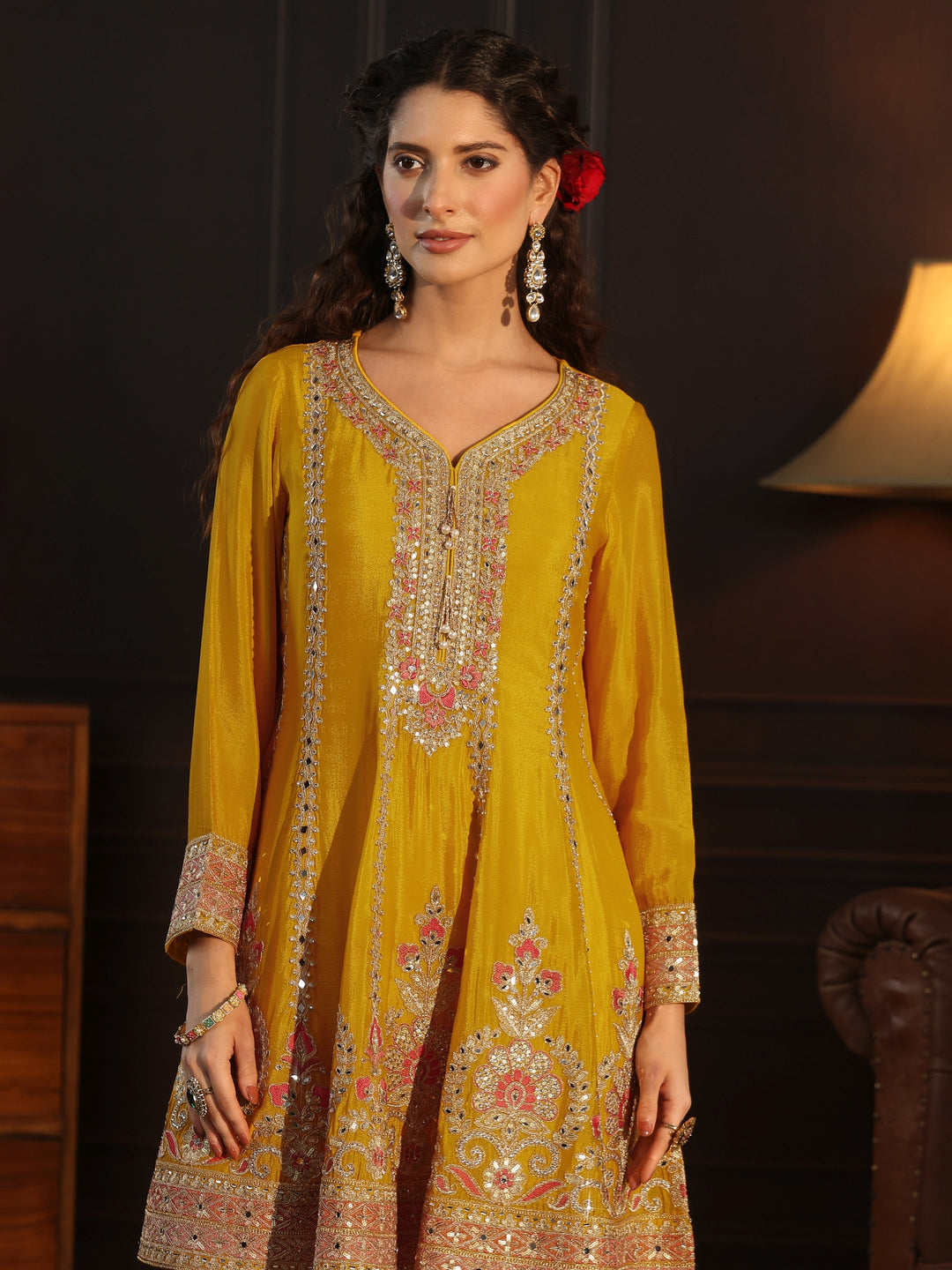 Libas Yellow Floral Embellished Chinon Palazzo Suit Set