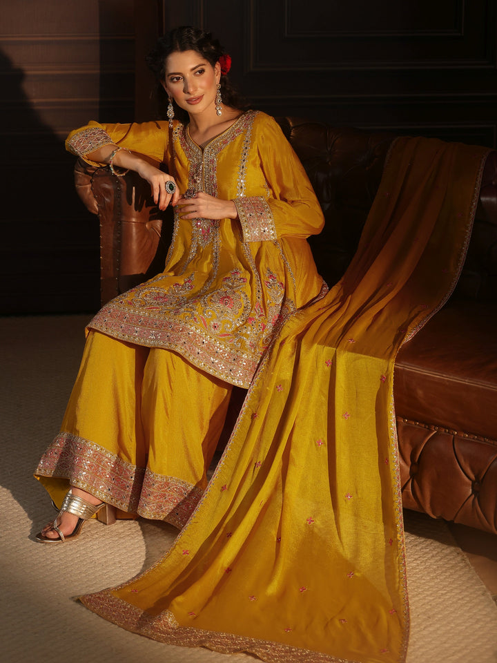 Libas Yellow Floral Embellished Chinon Palazzo Suit Set