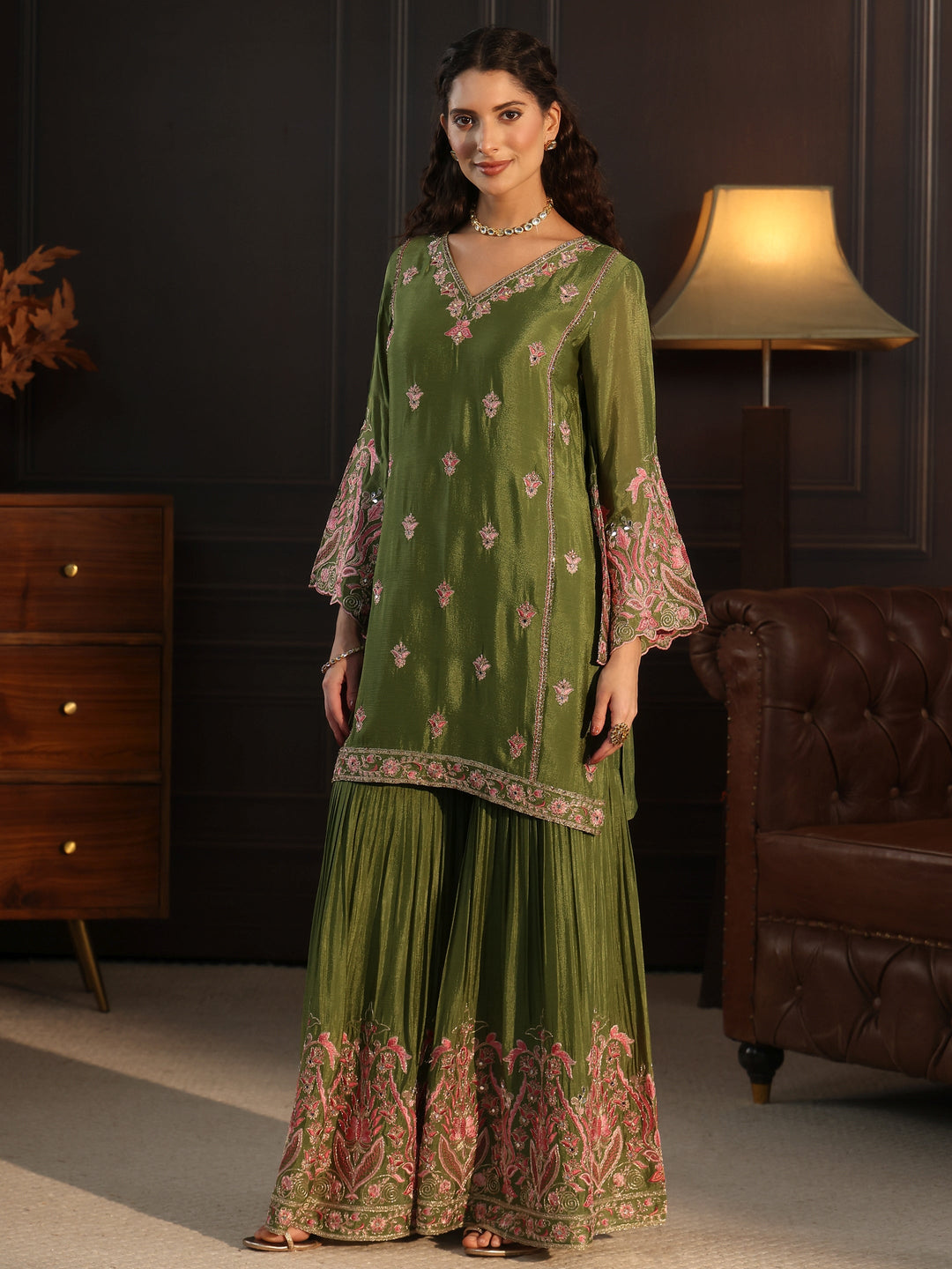 Libas Dark Green Embroidered Chinon Sharara Suit Set