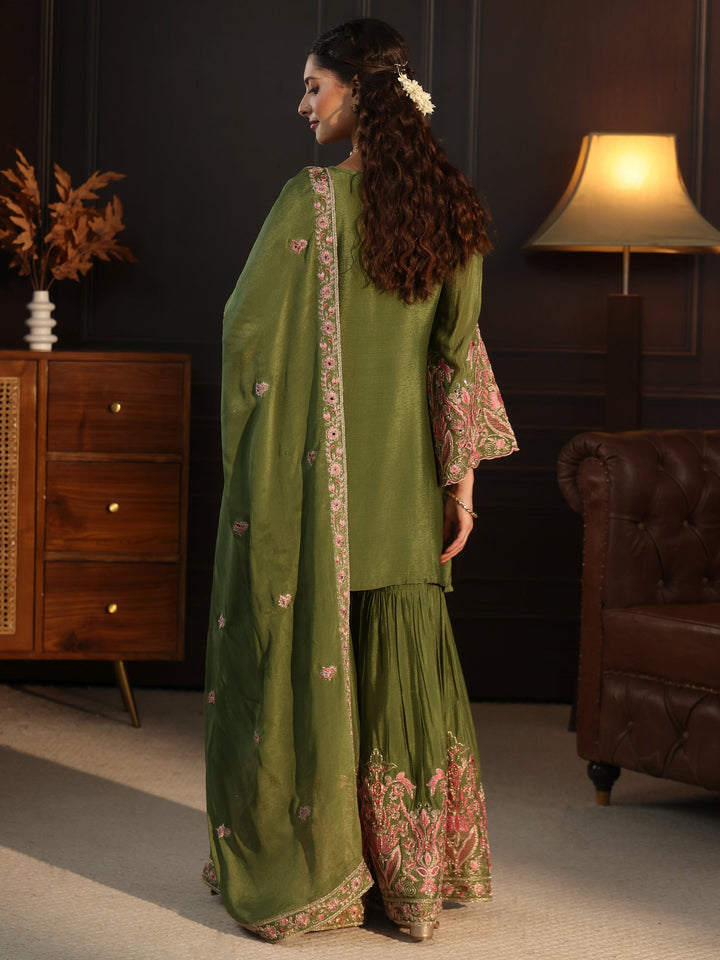 Libas Dark Green Embroidered Chinon Sharara Suit Set