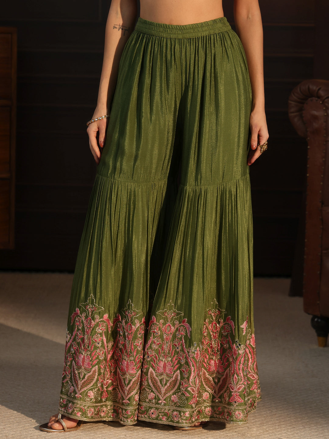 Libas Dark Green Embroidered Chinon Sharara Suit Set