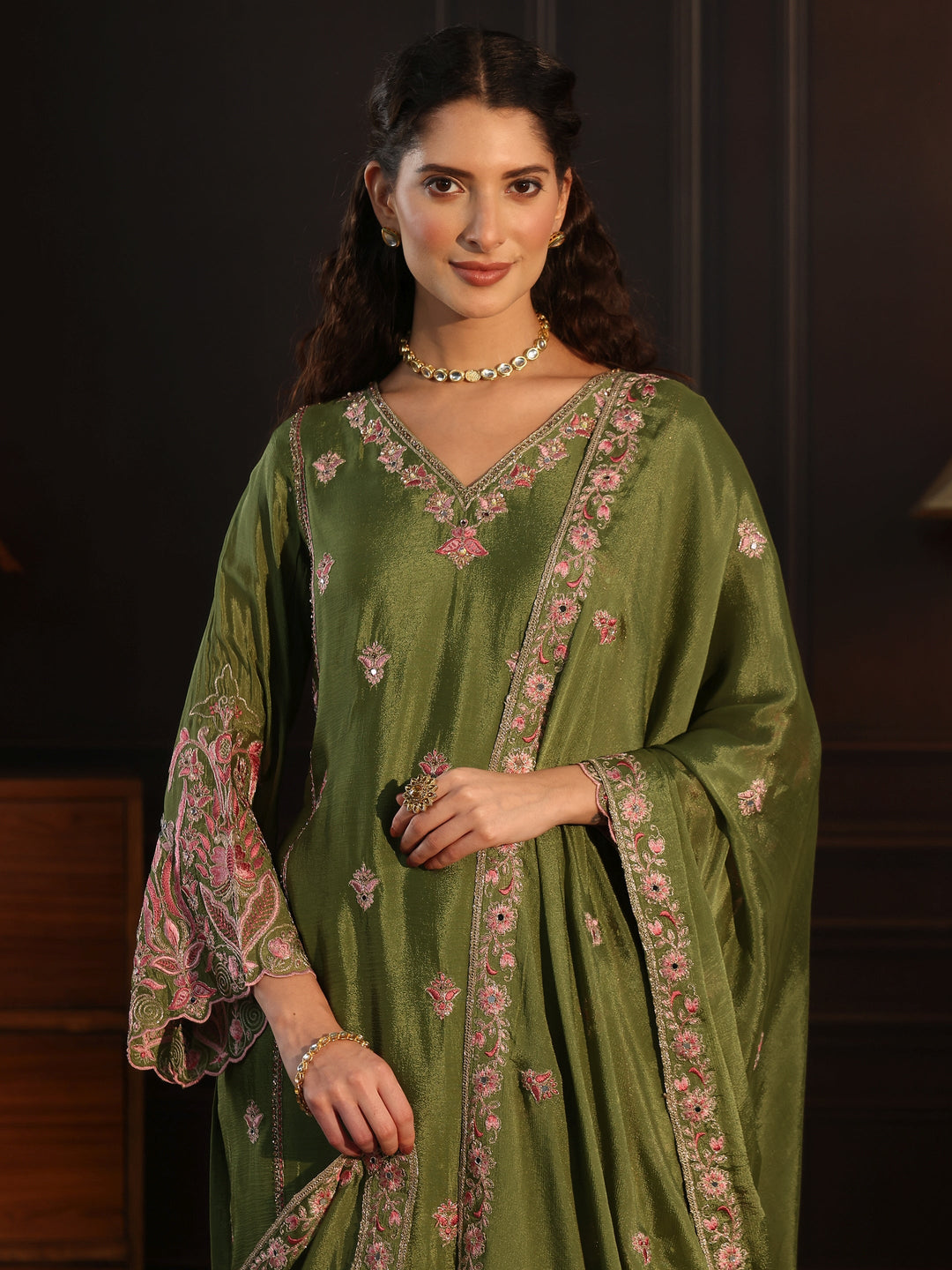 Libas Dark Green Embroidered Chinon Sharara Suit Set