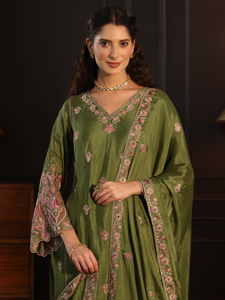 Libas Dark Green Embroidered Chinon Sharara Suit Set