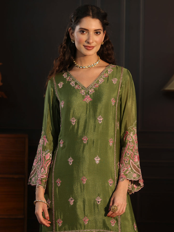 Libas Dark Green Embroidered Chinon Sharara Suit Set