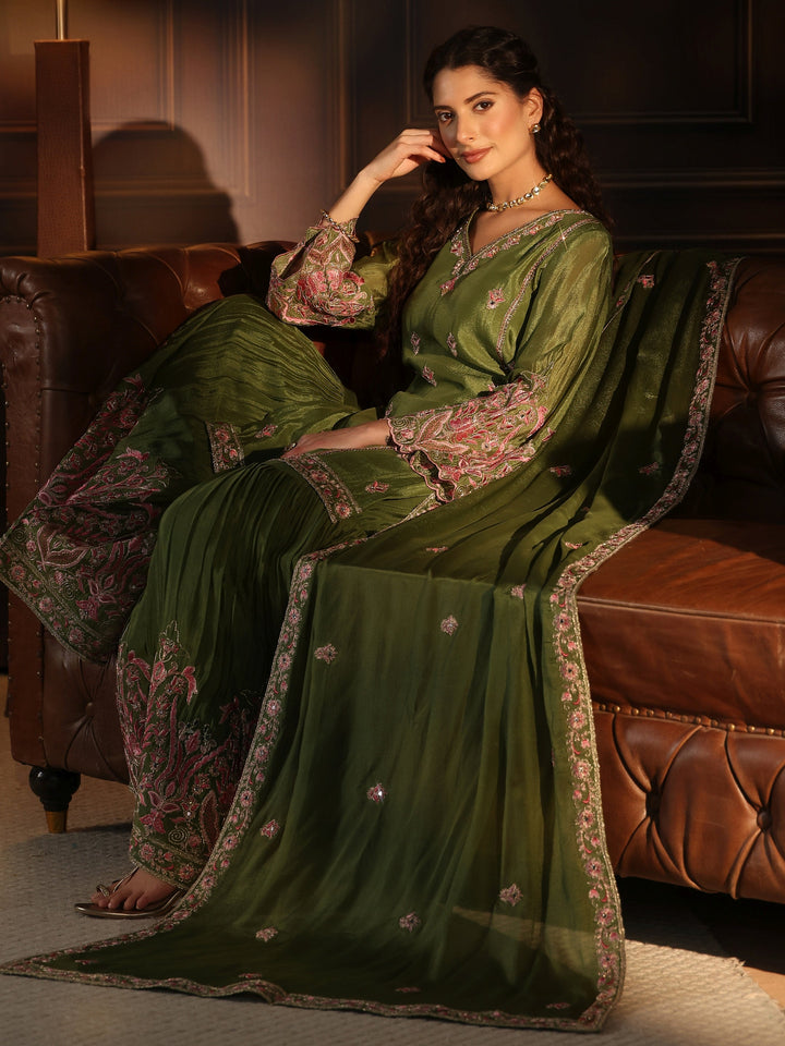Libas Dark Green Embroidered Chinon Sharara Suit Set