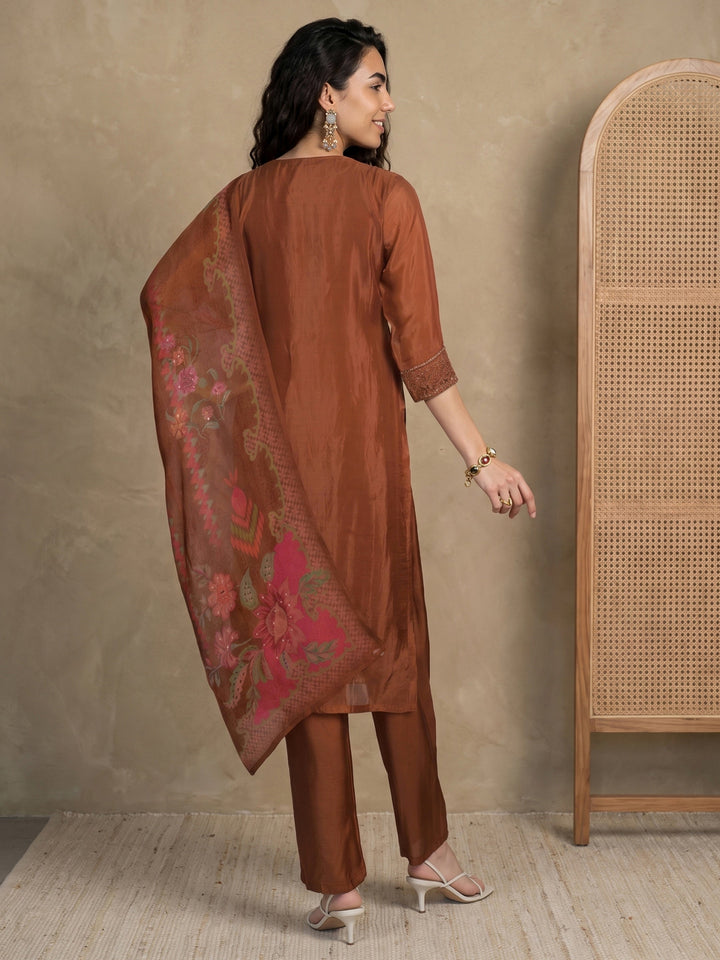 Libas Brown Floral Embroidered Organza Straight Suit Set