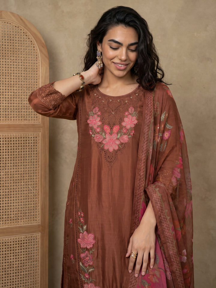 Libas Brown Floral Embroidered Organza Straight Suit Set
