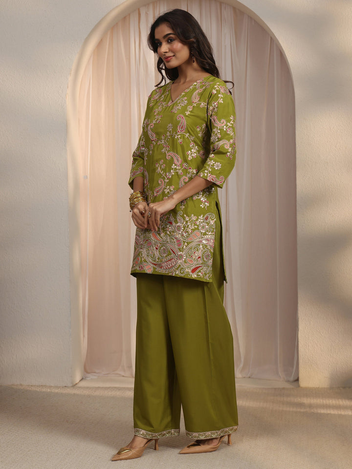 Libas Green Paisley Embroidered Silk Blend Co-Ord Set