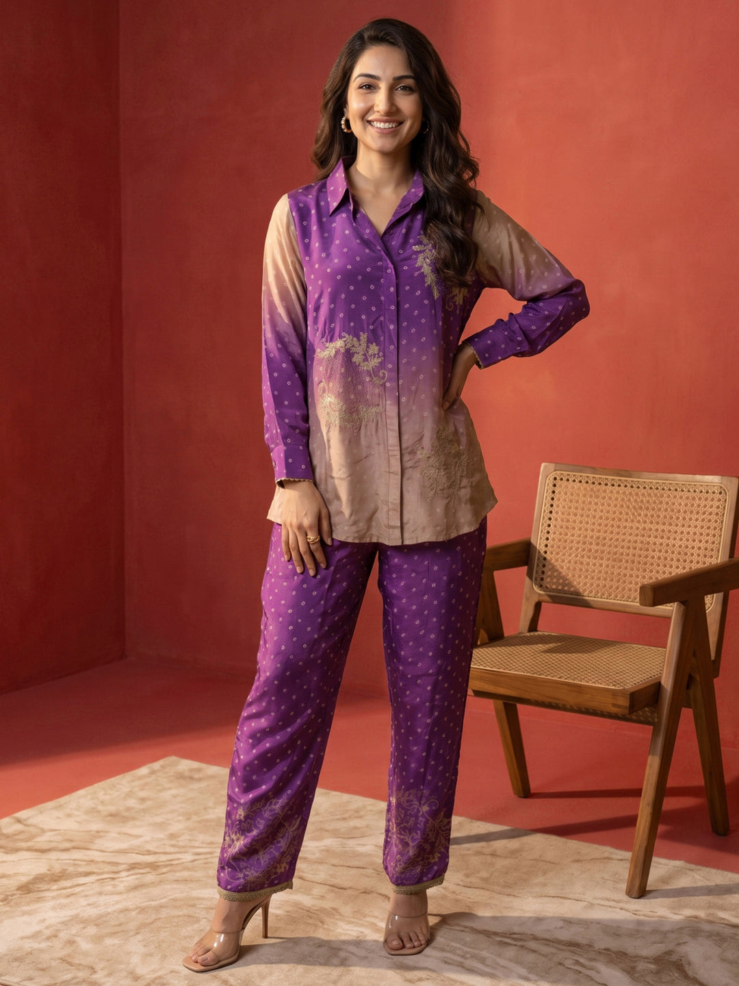 Libas Purple Floral Printed Crepe Co-Ord Set