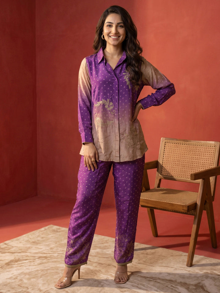 Libas Purple Floral Printed Crepe Co-Ord Set