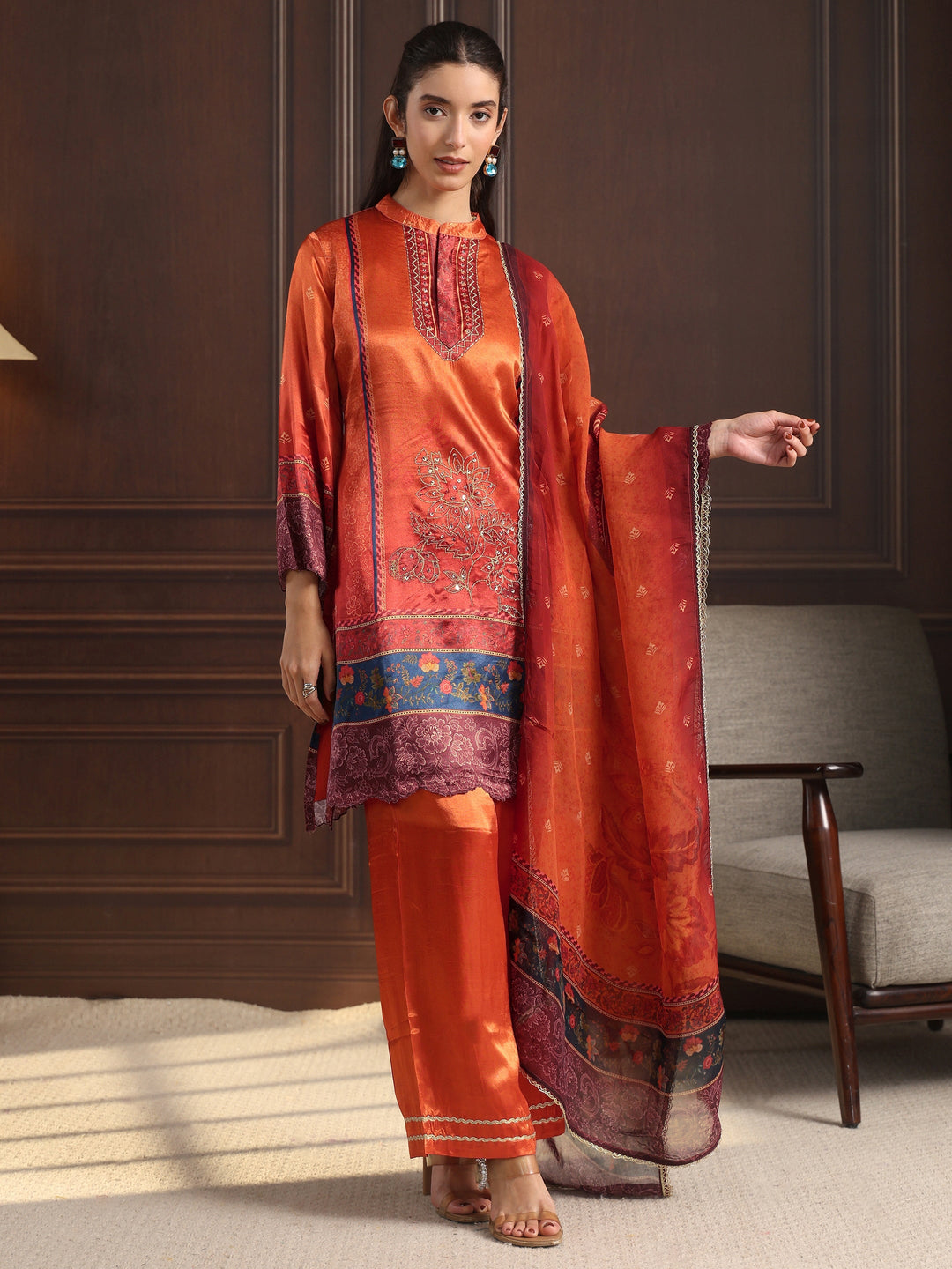 Libas Rust Orange Printed Silk Blend Straight Suit Set