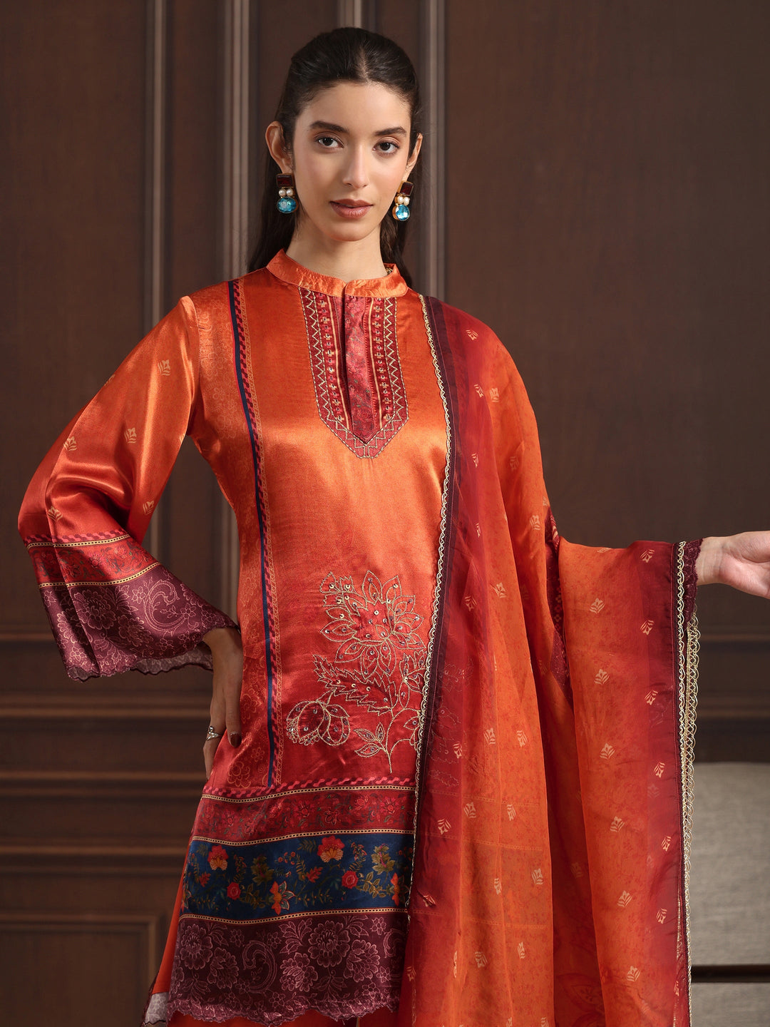 Libas Rust Orange Printed Silk Blend Straight Suit Set