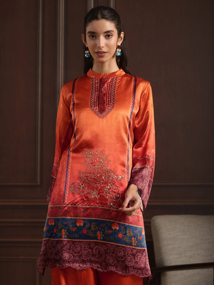 Libas Rust Orange Printed Silk Blend Straight Suit Set