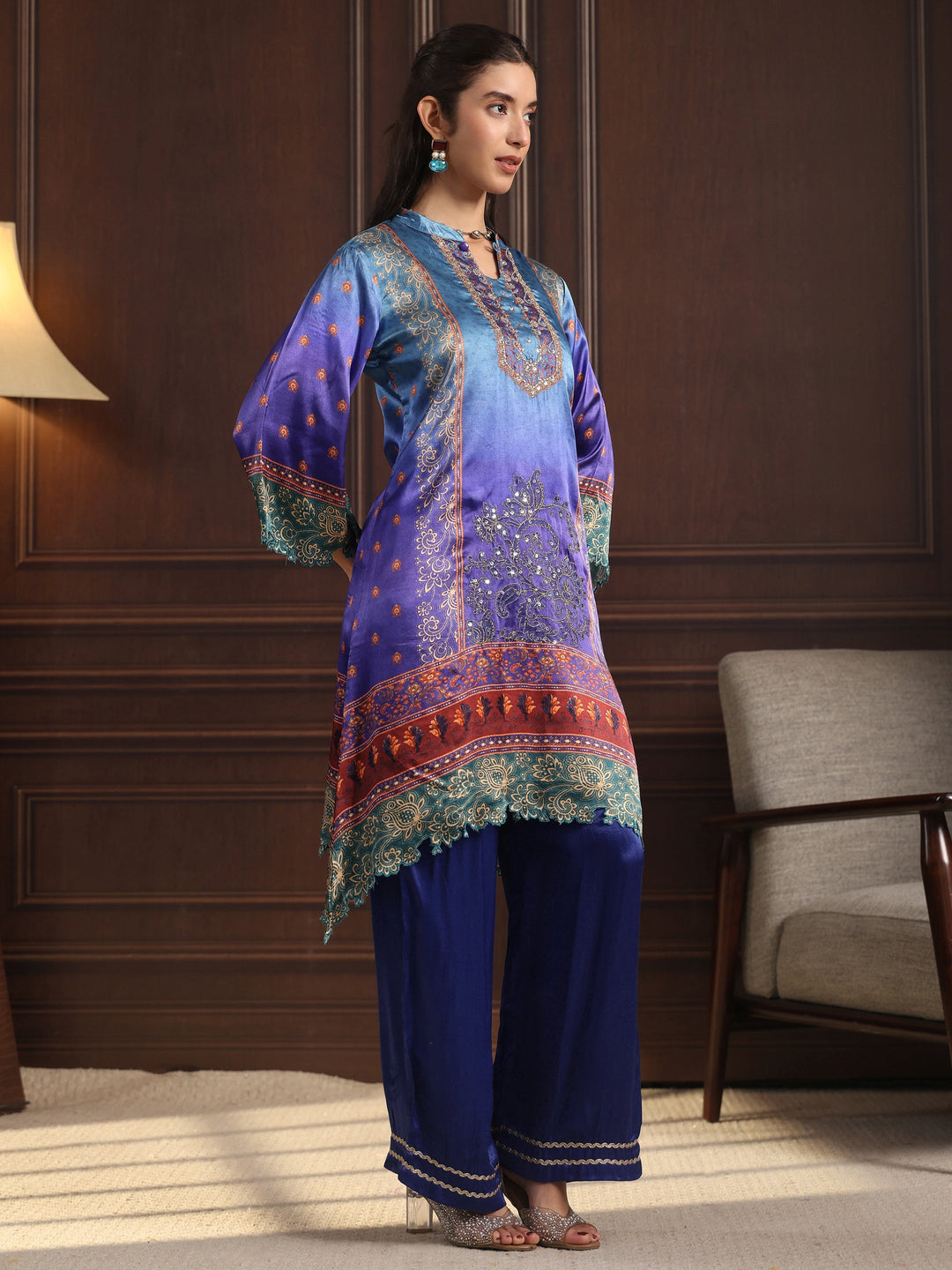 Libas Blue Embroidered Crepe High Low Suit Set