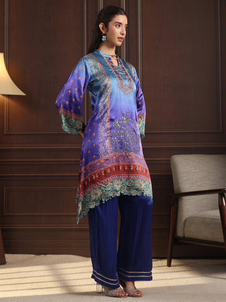 Libas Blue Embroidered Crepe High Low Suit Set