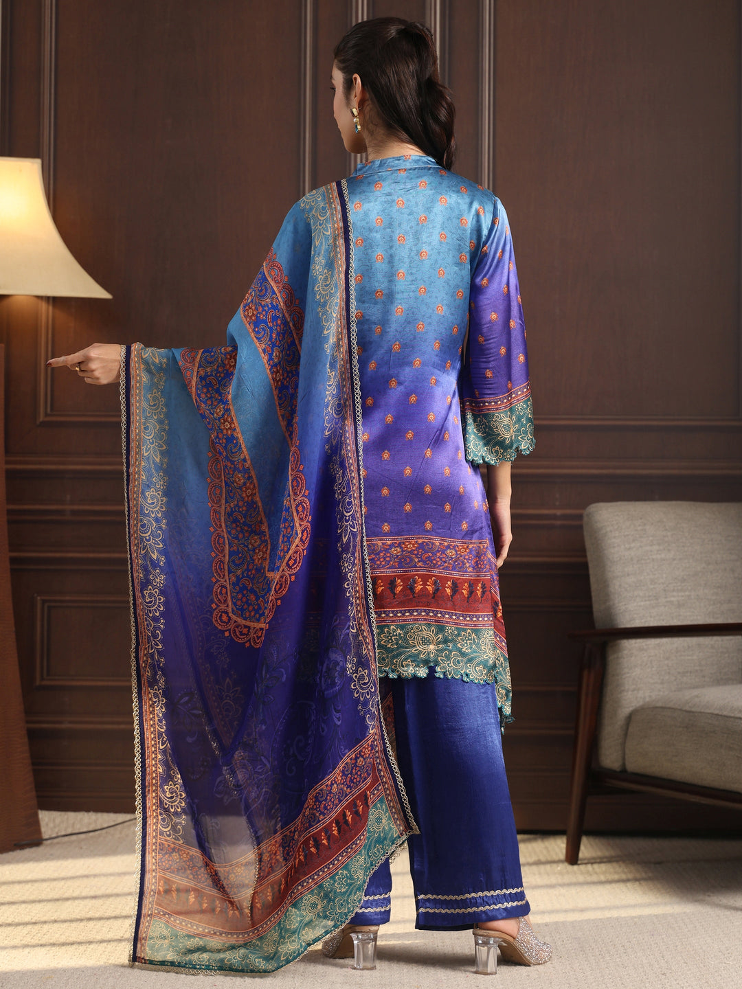 Libas Blue Embroidered Crepe High Low Suit Set