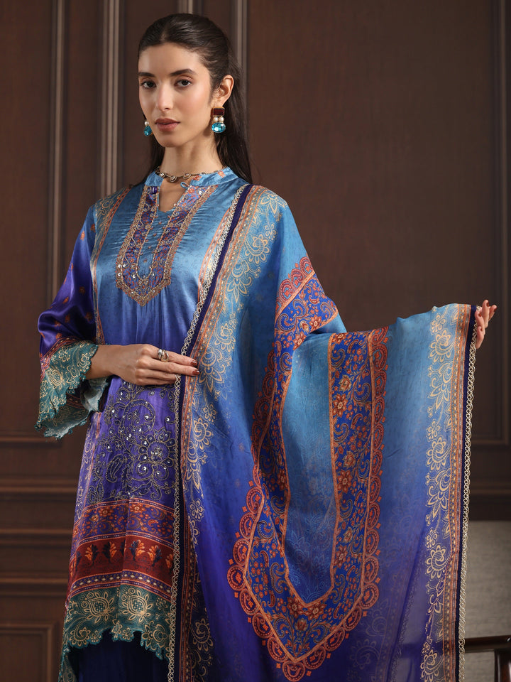 Libas Blue Embroidered Crepe High Low Suit Set