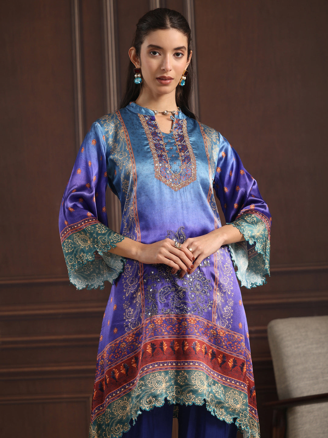 Libas Blue Embroidered Crepe High Low Suit Set