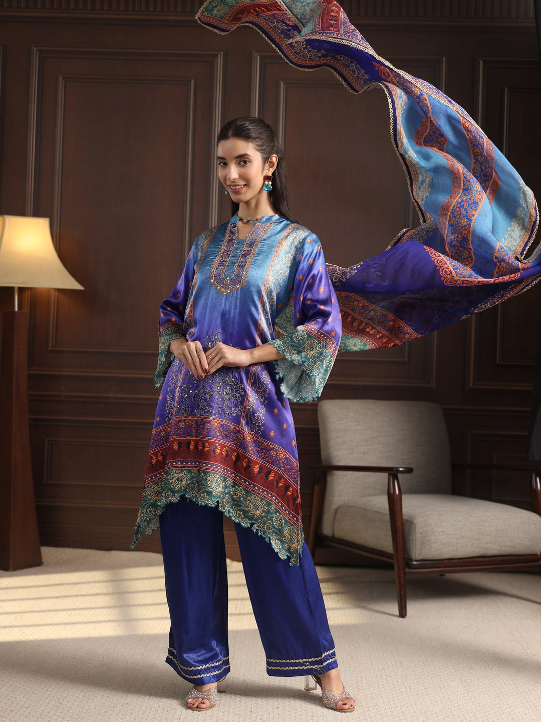 Libas Blue Embroidered Crepe High Low Suit Set