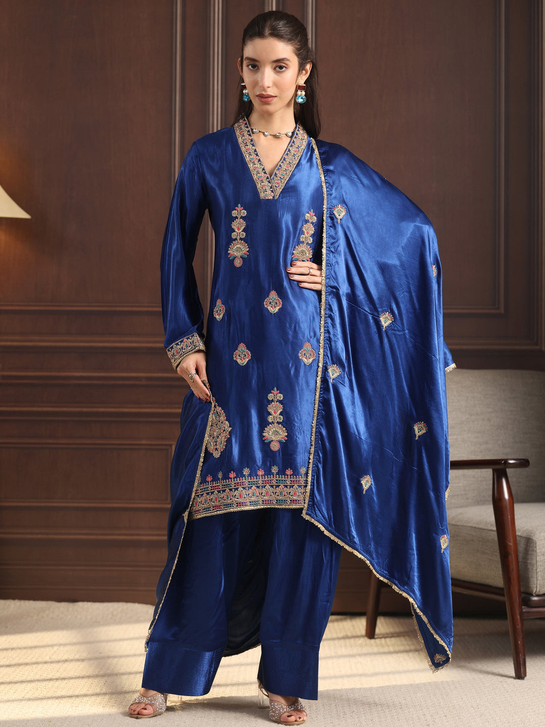 Libas Art Cobalt Blue Embroidered Silk Blend Palazzo Suit Set
