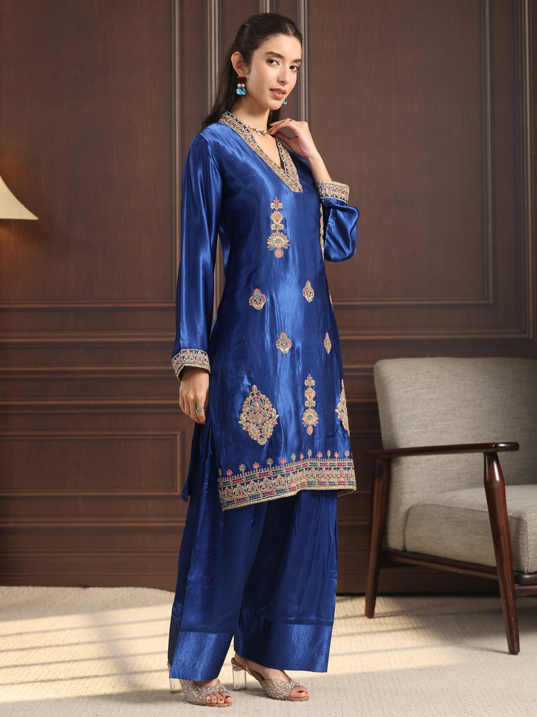Libas Art Cobalt Blue Embroidered Silk Blend Palazzo Suit Set