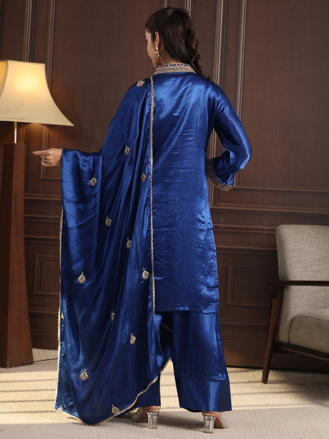 Libas Art Cobalt Blue Embroidered Silk Blend Palazzo Suit Set