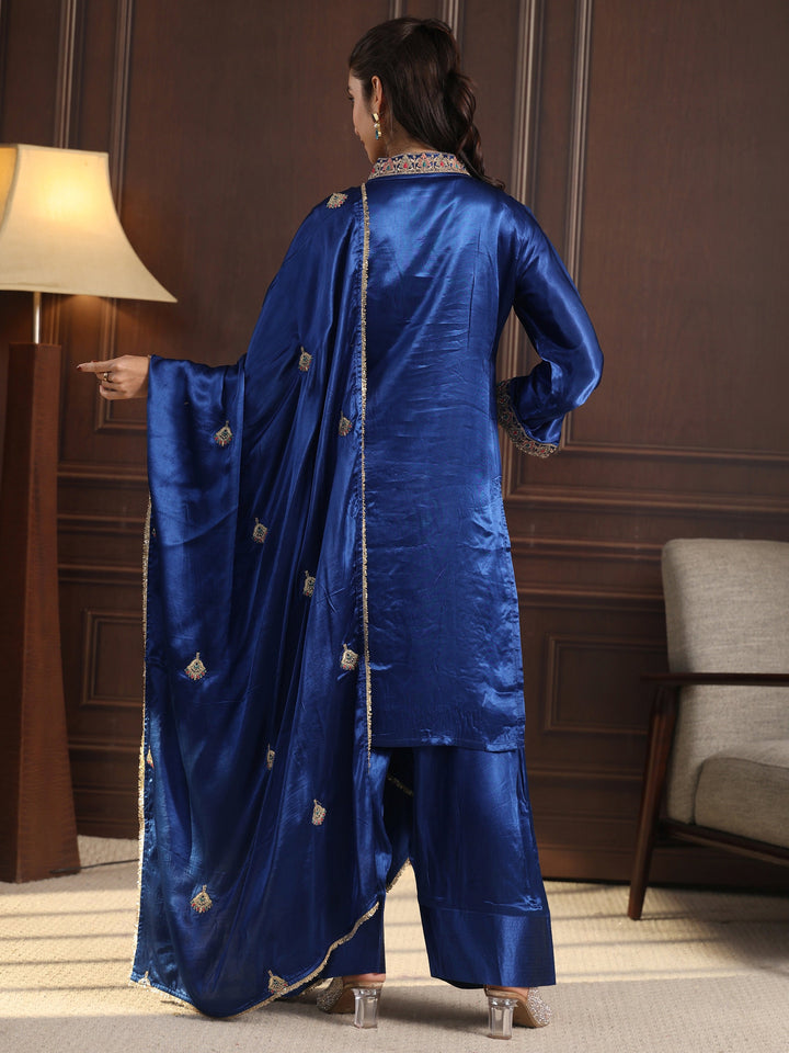 Libas Art Cobalt Blue Embroidered Silk Blend Palazzo Suit Set