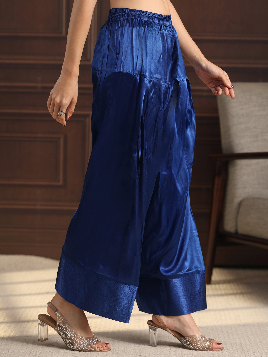 Libas Art Cobalt Blue Embroidered Silk Blend Palazzo Suit Set