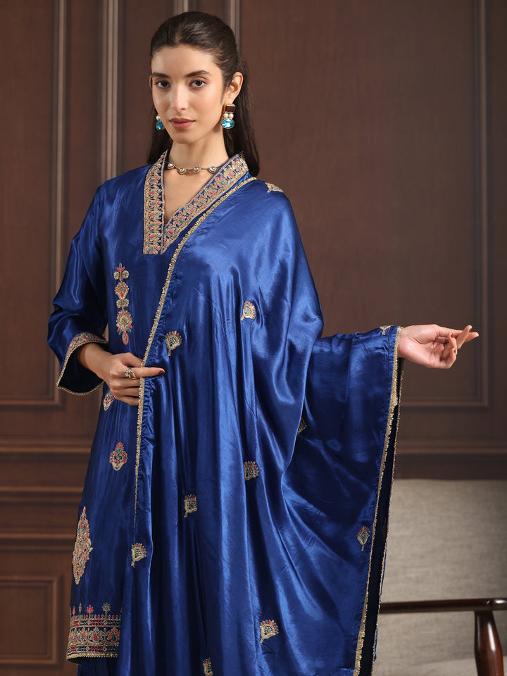 Libas Art Cobalt Blue Embroidered Silk Blend Palazzo Suit Set