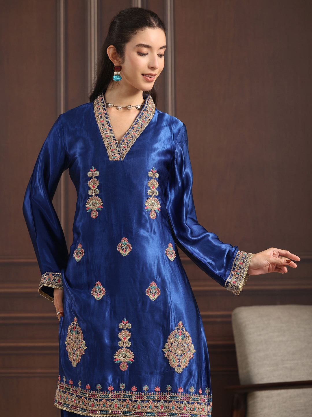 Libas Art Cobalt Blue Embroidered Silk Blend Palazzo Suit Set