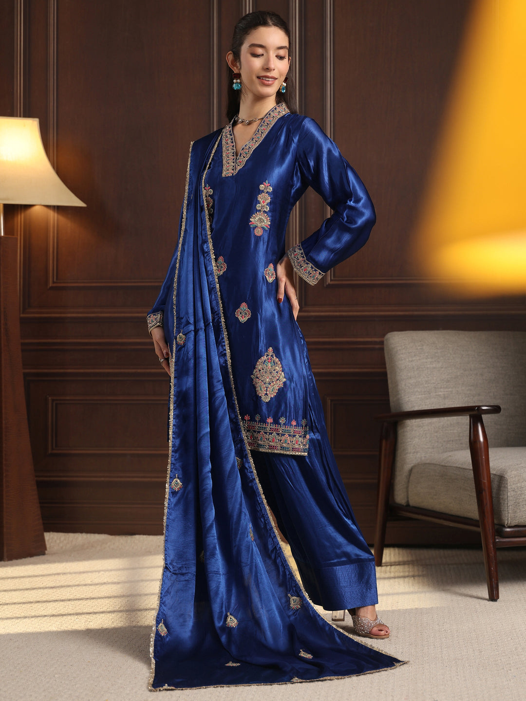 Libas Art Cobalt Blue Embroidered Silk Blend Palazzo Suit Set