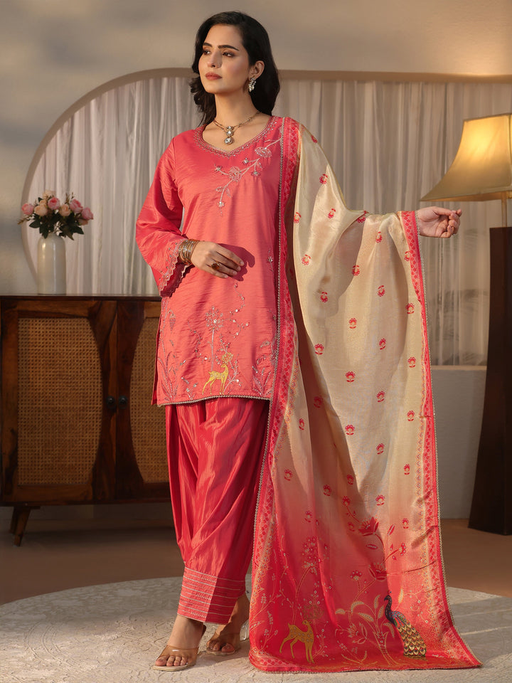Libas Peach Embroidered Silk Blend Straight Kurta Set