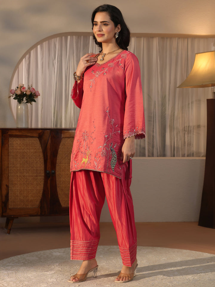 Libas Peach Embroidered Silk Blend Straight Kurta Set