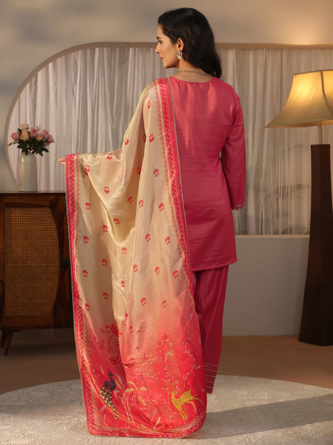 Libas Peach Embroidered Silk Blend Straight Kurta Set