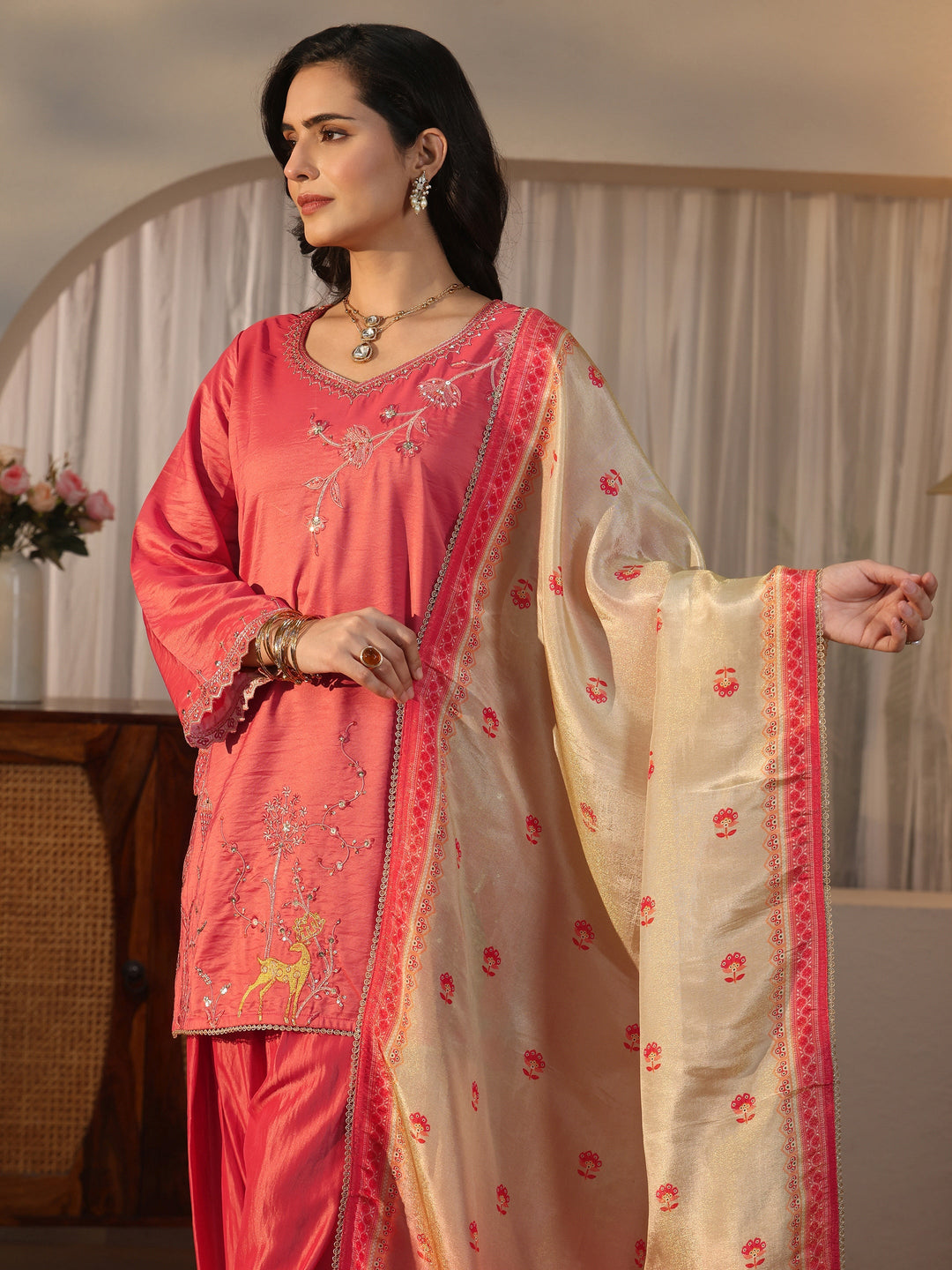 Libas Peach Embroidered Silk Blend Straight Kurta Set