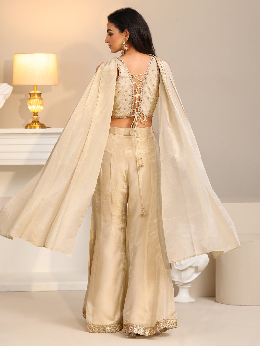 Libas Art Beige Embellished Tissue Crop Top and Palazzo Suit Set