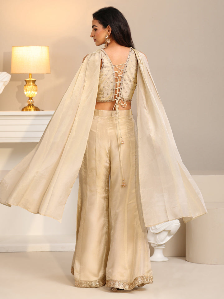 Libas Art Beige Embellished Tissue Crop Top and Palazzo Suit Set