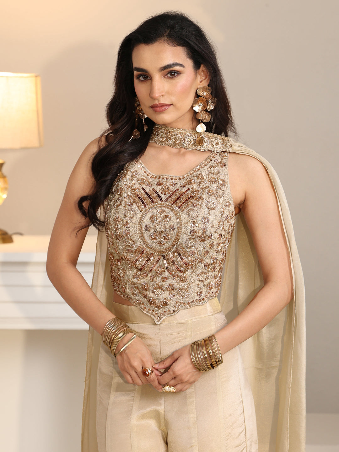Libas Art Beige Embellished Tissue Crop Top and Palazzo Suit Set