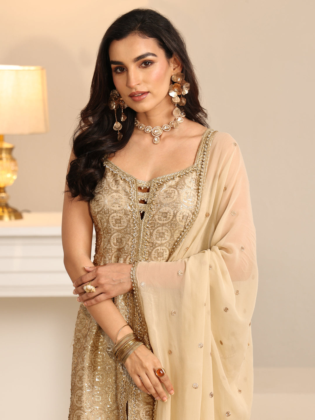 Libas Art Off White Embellished Strappy Tissue Palazzo Suit Set