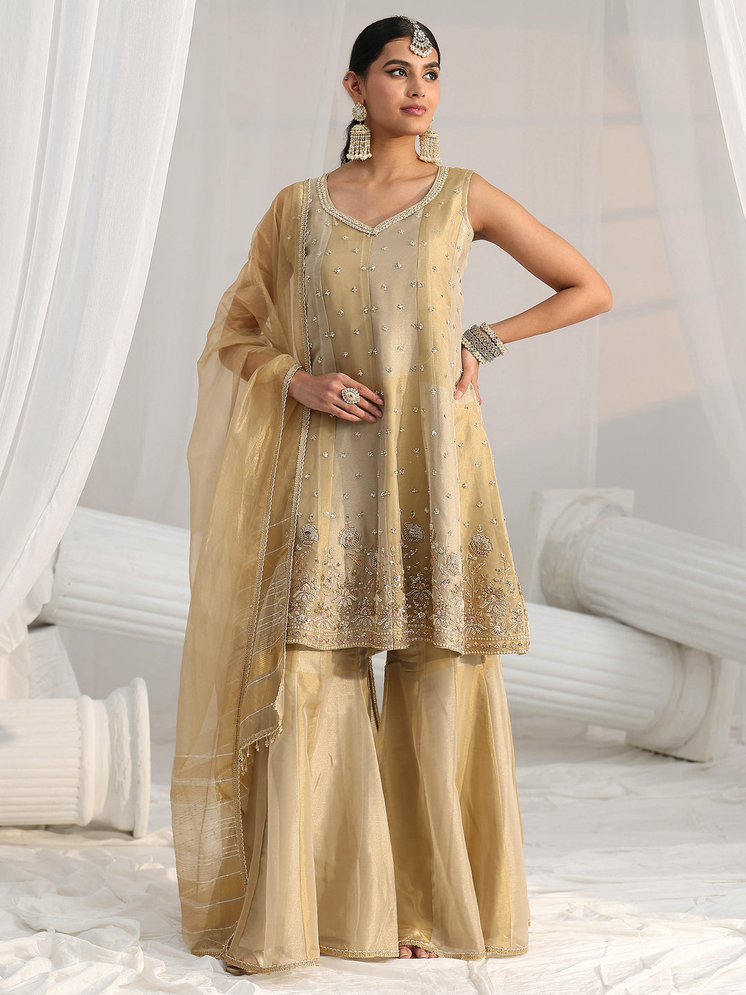 Libas Art Golden Floral Embellished Sleeveless Tissue Sharara Suit Set