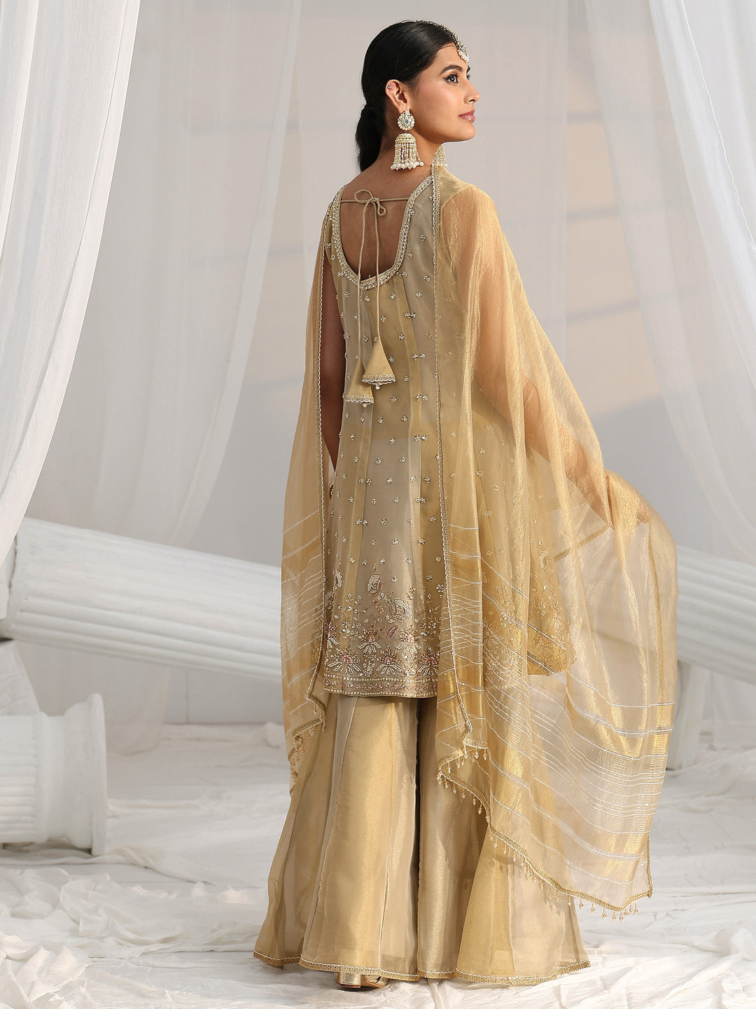 Libas Art Golden Floral Embellished Sleeveless Tissue Sharara Suit Set