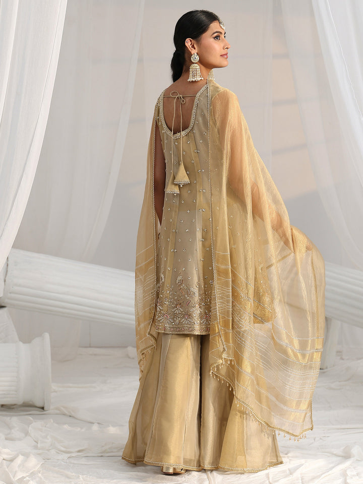 Libas Art Golden Floral Embellished Sleeveless Tissue Sharara Suit Set