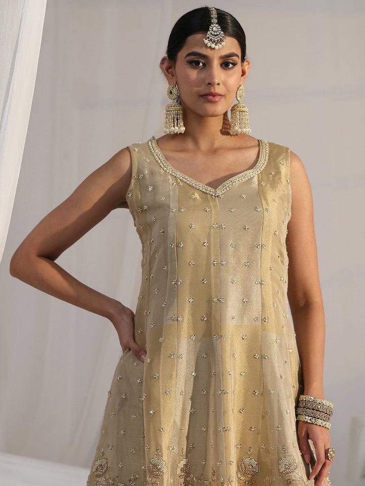 Libas Art Golden Floral Embellished Sleeveless Tissue Sharara Suit Set